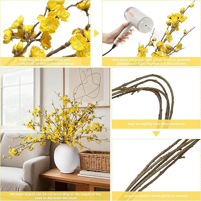 florisso 6 PCS Artificial Cherry Blossom Branches Spring Indoor Decoration, Faux Yellow Silk Flowers 34.45" Long Stems Real Touch Plum Fake Peach Plants for New Year Wedding Home Bedroom Table Office
