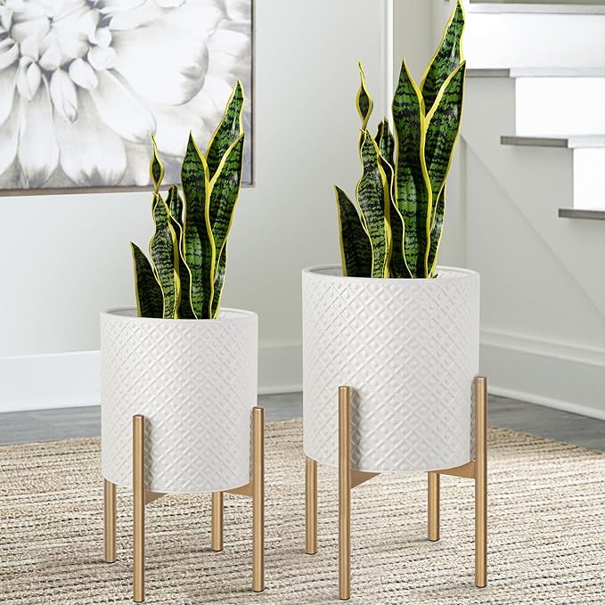 Oakrain Planters for Indoor Plants, Set of 2 Modern Planter with Stand, Decorative Metal Planter Pots for Living Room, Office, Garden, Balcony, 8"&10", Cream White