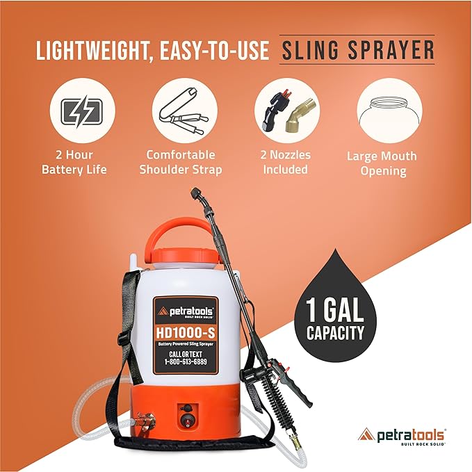 PetraTools Battery Powered Sprayer 1 Gallon - HD1000-S - Heavy Duty Electric Sprayers in Lawn and Garden for Weed/Pest Control, Watering & More - with 8 Nozzles & Strap (1 Gallon ProKit)