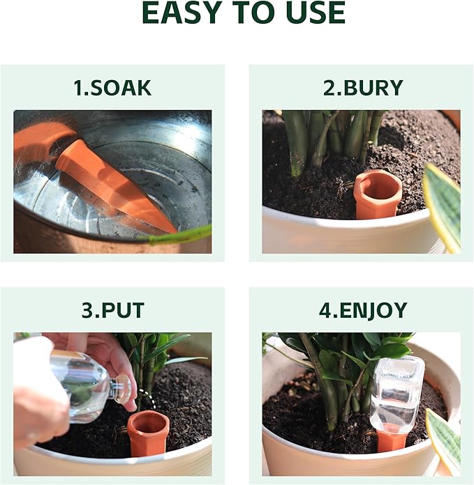 Soilagua Terracotta Watering Spikes, Wine Bottle Watering Stakes, Slow Release Self Watering Planter Insert for Out | Indoor Plants, Vacation Plant Watering Devices, Automatic Plant Waterer, 4-Pack