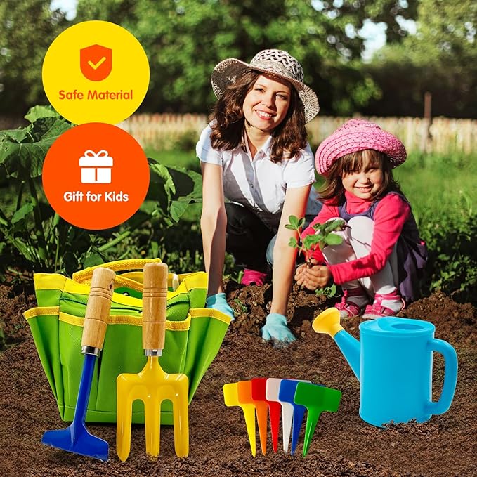 Kids Gardening Tools Set Includes Toddler Gardening Gloves, Sturdy Tote Bag, Watering Can, Shovel, Rake, Trowel, Children Apron, Garden Notebook - Easter Gifts for Toddler