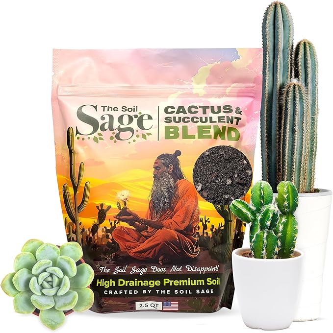 The Soil Sage 2.5 Dry Qt Cactus & Succulent Potting Soil Mix, USA Made - Gritty, Fast Draining, Soilless, Root Boosting, Peat-Free - Growth of Cactus, Succulents, Jade, Aloe Vera