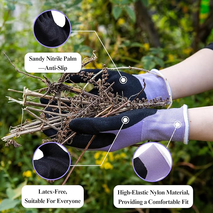 HandLove 2 Pairs Gardening Gloves for Women-Moisturizing Durable Work Gloves.Latex-free Sandy Nitrile Coated for Yard Garden,Touchscreen Friendly Protective Work with Grip, Small,Pink&Green