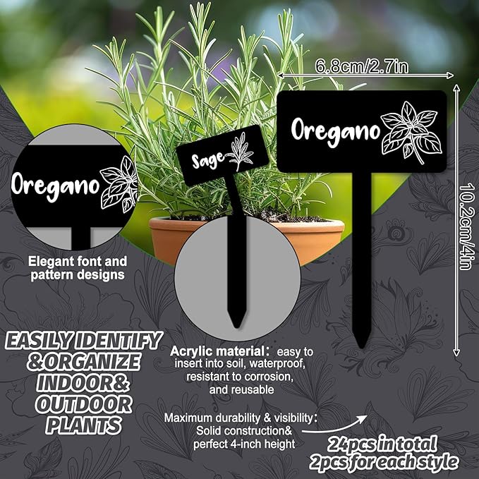 JarThenaAMCS 24Pcs Acrylic Plant Label Signs 12 Styles Spring Summer Garden Herb Markers Black Waterproof Reusable T-Type Tags Plant Stake Tags with Names for Nursery Indoor Outdoor Garden Decor