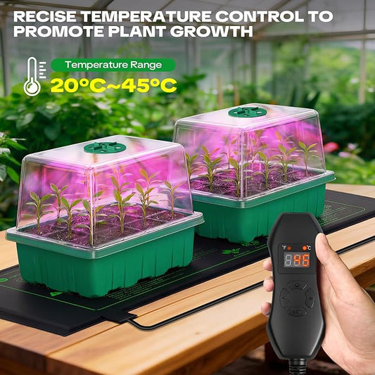 YAUNGEL Seed Starter Tray with Grow Light, Heat Mat with Thermostat, 5 Pack Seed Starter Kit with Timing Controller Adjustable Brightness, Thicken Seedling Starter Trays with Humidity Domes
