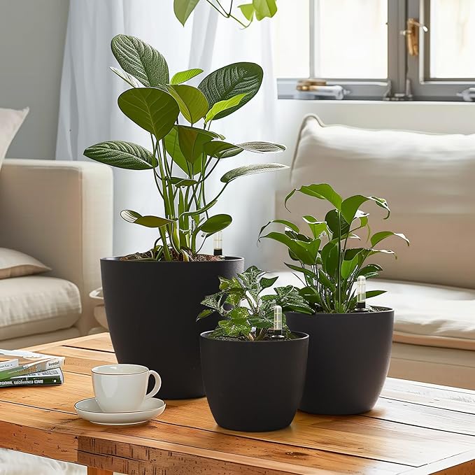 T4U 6 Inch Plastic Self Watering Planter with Water Level Indicator Black Set of 4, Modern Decorative Planter Pot for All House Plants, Flowers, Herbs, African Violets, Succulents