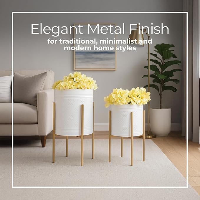 Decorative Flower Pots with Metal Stand for Home Decor - Modern Planters for Hallway, Entryway, and Living Room Decor - Indoor and Outdoor Pots for Plants - Set of 2, 23", 19", White & Gold