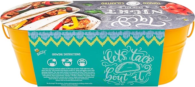 BUZZY Taco Night Grow Kit, Tomato and Cilantro Indoor Gardening Set with Non-GMO Seeds, Coconut Husk Growing Medium, and Yellow Metal Windowsill Planter