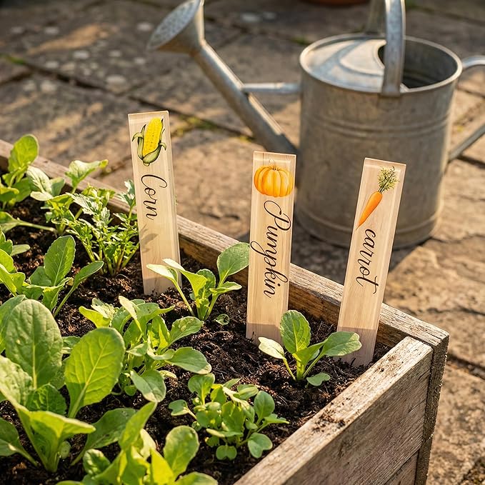 Prudance 14Pcs Acrylic Garden Plant Markers,Faux Wood Pattern Vegetable Stakes,Weatherproof Plant Labels with Printed Images and Names for Indoor Pots,Raised Beds and Outdoor Gardening 5.9x1inch