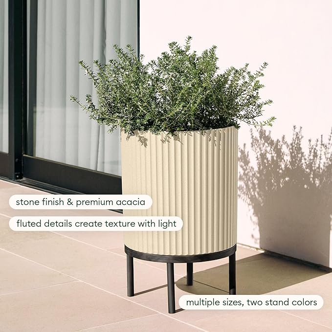 Veradek Demi Series Round Planter w/ Stand for Porch/Patio | Durable Plastic-Concrete & Wooden Stand | Modern Décor for Tall Plants, Flowers