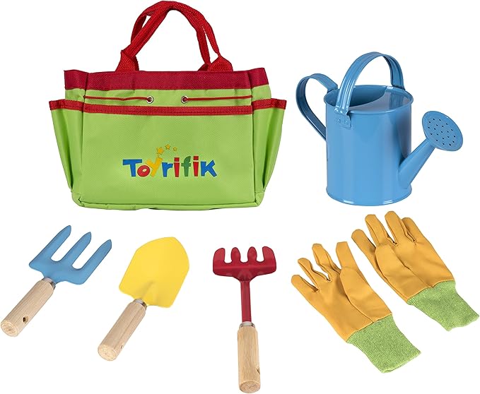 Little Gardener Tool Set with Garden Tools Bag for Kids Gardening - Kit includes Watering Can, Children Gardening Gloves, Shovel, Rake, Fork and Garden Tote Bag-Children Gardening All in One Kit