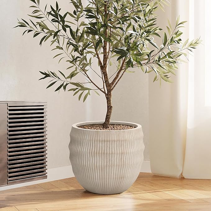LuxenHome 17.5" Dia Round Planter, Large Pots for Plants with Drainage Hole, Modern Wavy Textured Decorative Planter Pots for Indoor Plants