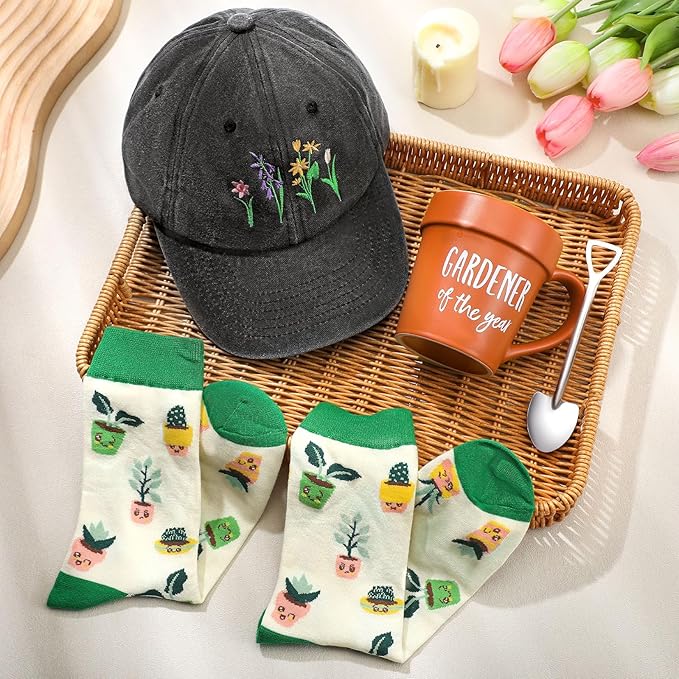 4 Pcs Gift Set for Plant Lovers Women, Mother's Day, Birthday Plants Themed Gift Set with 15oz Coffee Cup Gardening Hat Gardener Plant Socks Shovel Spoon for Lady Mom Gardening Supplies