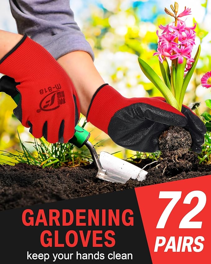 Potchen 72 Pairs Gardening Work Gloves Bulk for Men Women, Rubber Coated Garden Multipack Safety Construction Glove