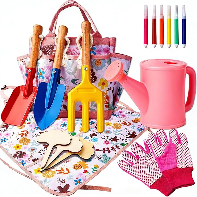 Kids Gardening Set - Gardening Tools for Kids includes Watering Can, Shovel, Rake, Gloves, Waterproof Apron and Garden Tote Bag, Children Garden Tool Outdoor Toys Gifts for Boys Girls Age 3 4 5 6 7 8