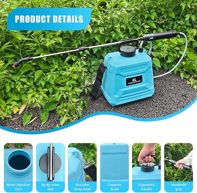 2 Gallon Battery Powered Sprayer, Electric Garden Sprayer, Pump Sprayer with 3 Mist Nozzles & USB Rechargeable Handle & Retractable Wand & Adjustable Strap for Lawn, Garden, Yard(Blue)