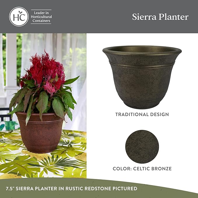 The HC Companies Sierra Round Self-Watering Pot - Lightweight Plastic Planter for Herbs & More - Durable Plant Pots for Indoor Plants & Outdoor Plants (10” Celtic Bronze, Pack of 2)