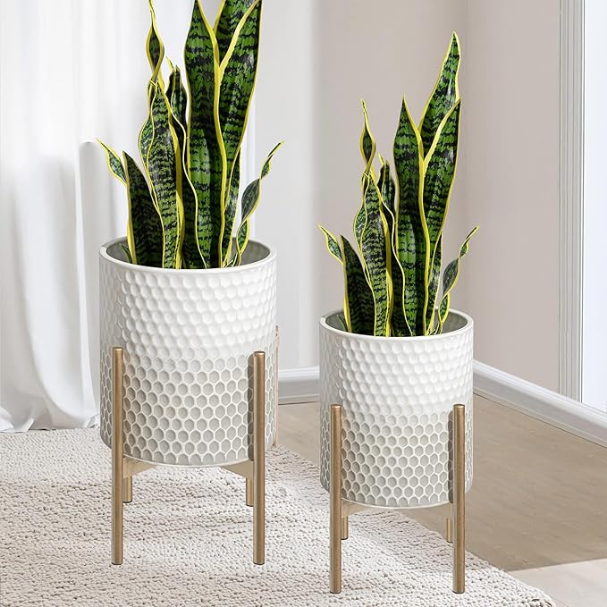 Oakrain Planters for Indoor Plants, Set of 2 Modern Planter with Stand, Decorative Metal Planter Pots for Living Room, Office, Garden, Balcony, 10"&12", White-Grey Gradient
