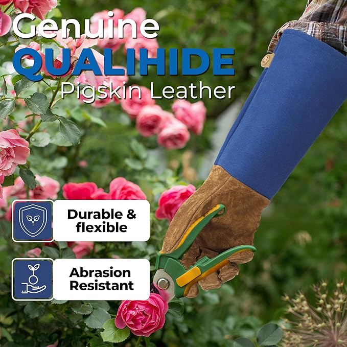 HANDLANDY Long Gardening Gloves for Men & Women, Pigskin Leather Rose Pruning Gloves, Breathable Thorn Proof Gauntlet Glove (Blue, S)