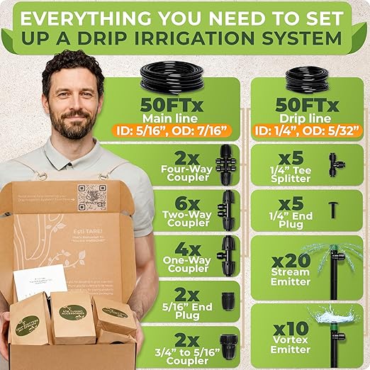 CARPATHEN Drip Irrigation System Kit - Complete Quick Connect Garden Watering System with Adjustable Sprinkler Emitters, 5/16" & 1/4" Tubing - Drip Line for Raised Beds, Greenhouse