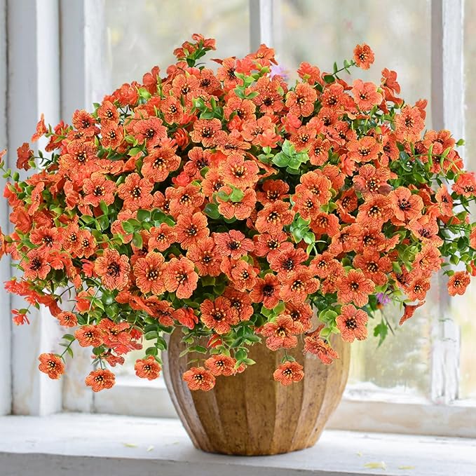 trytuny Artificial Flowers for Outdoor, UV Resistant Fake Silk Flowers, Realistic Faux Plants for Outside Indoor Porch Patio Window Box Planter Home Decor (14, Orange)