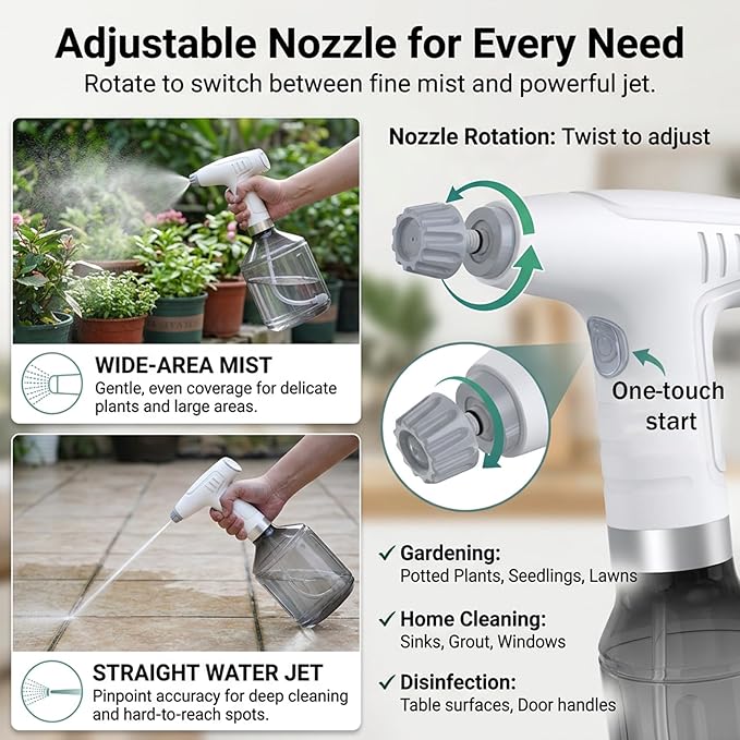 Electric Spray Bottle, 0.9L Automatic Plant Sprayer with Dual Spray Modes & Long Battery Life, Rechargeable Water Sprayer for Garden, Home Cleaning, and Misting, Pet Decors