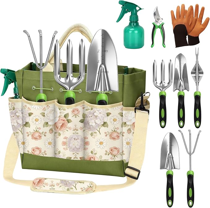 Gardening Tools Set,OPPSIUE 9 Pcs Stainless Steel Gardening Hand Tool Kit with Rubber Non-Slip Handle,with Shoulder Crossbody/Tote Bag,Ideal Gifts for Women and Men