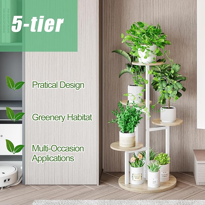 INGIORDAR Plant Stand Indoor Outdoor Corner Flower Stands Multiple Flower Pot Holder for Patio Garden Balcony Living Room 5 Tier White+Sonoma Oak