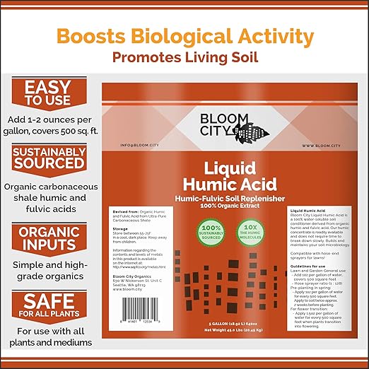 Organic Liquid Humic Soil Health Formula, Great for Houseplants, Gardens and Lawns, By Bloom City, 1/2 Pint (8 oz) Concentrated Makes 30+ Gallons