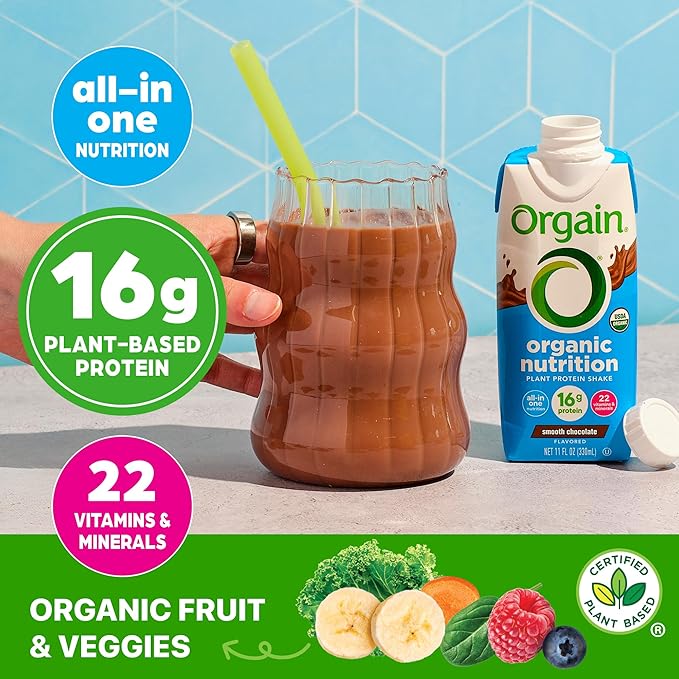Orgain Organic Nutritional Vegan Protein Shake, Smooth Chocolate - 16g Plant Based Protein, Meal Replacement, 22 Vitamins & Minerals, Fruits & Vegetables, Gluten Free, Non-GMO, 11 Fl Oz (Pack of 12)