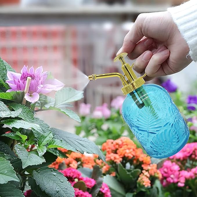 Glass Plant Mister Spray Bottle, 350ML Vintage Plant Spritzer, Succulent Watering Bottle Glass with Top Pump, Small Plants Sprayer Watering Can for Indoor(Blue)
