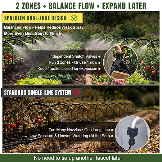 66FT Drip Irrigation System Kit Dual-Zone Garden Atomizing Watering System with 20 Copper 360° Adjustable Bendable Nozzles, Y-Splitter, Leak-Proof 1/4" Misting System for Garden Greenhouse Raised Beds