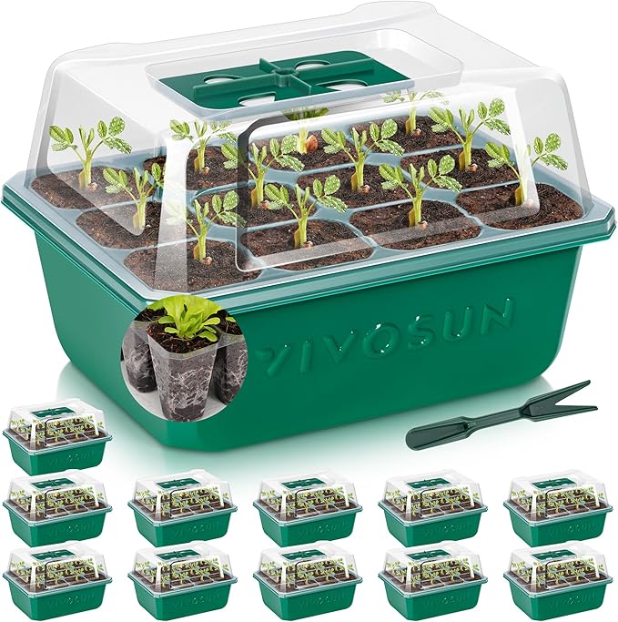 VIVOSUN 12-Pack Seed Starter Trays, 144-Cell Seed Starter Kit with Humidity Dome, Flat Reusable Plant Germination Trays with Drain Hole, Green Propagation Tray for Planting Seeds