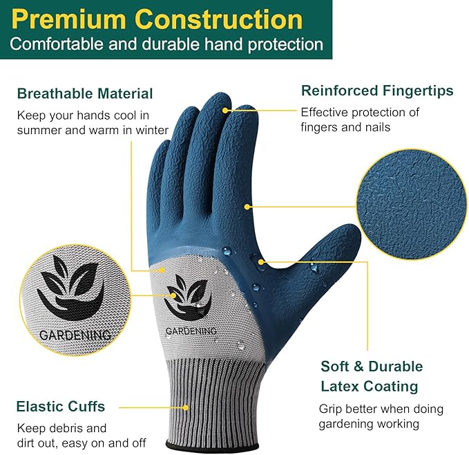 Trifabricy Garden Gloves for Women/Men - 6 Pairs Latex Gardening Gloves with Grip, Protective Work Gloves for Lawn Yard