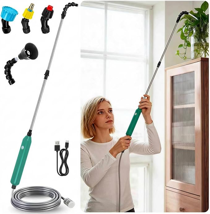 Electric High Reach Plant Waterer - Type C Wireless Hanging Plant Waterer, Battery Powered Sprayer Wand with Stainless Steel Telescopic (25.6"-34"), Indoor Watering Devices