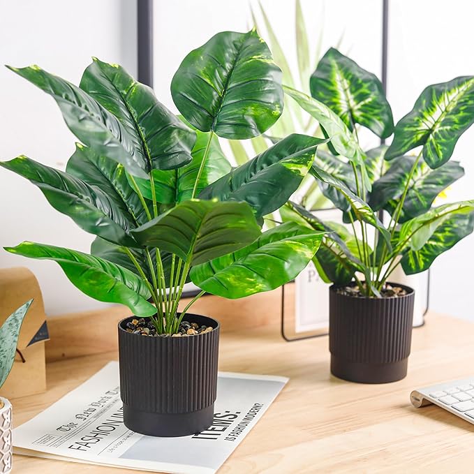 Der Rose 2 Pack Fake Plants Artificial Tropical Plants Indoor in Black Pot for Home Office Desk Accessories Bathroom Sage Green Decor