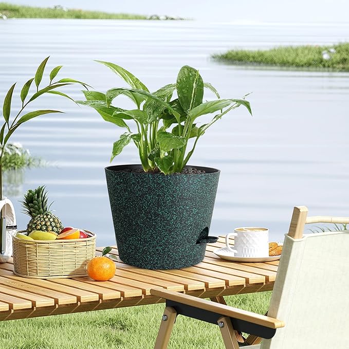 Meowell 12 inch Large Self Watering Pots for Indoor Outdoor Plants, Flower Plant Pots with Mesh Drainage Holes for Garden, Plastic Planters with Reservoir for Home Plants, Black with Green Speckles
