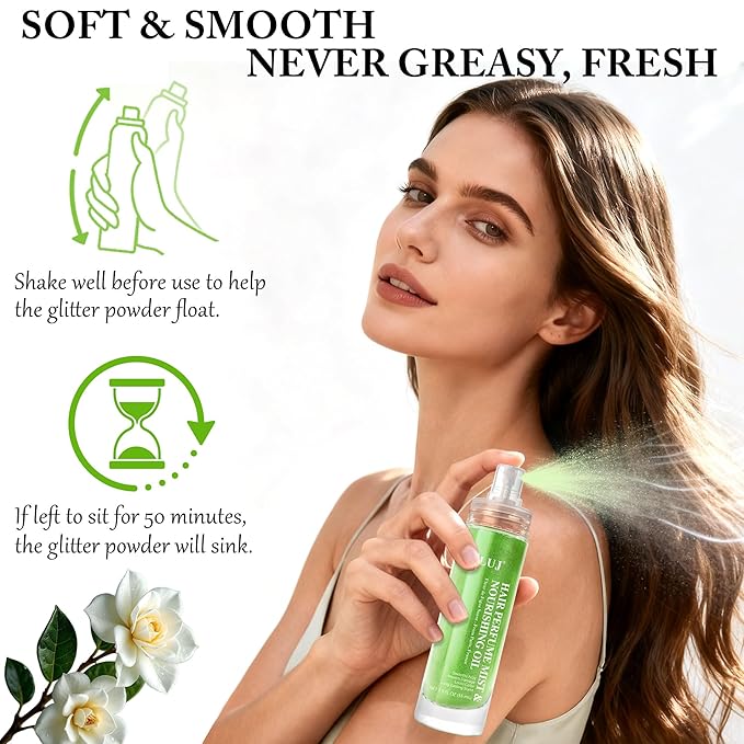 SLUJ Hair Perfume for Women - Hair Mist with Argan Oil & Light Green Shimmer, Lightweight Hair Oil Spray for Dry Hair, Heat Protection Spray for Hair, Long Lasting Hair Scent