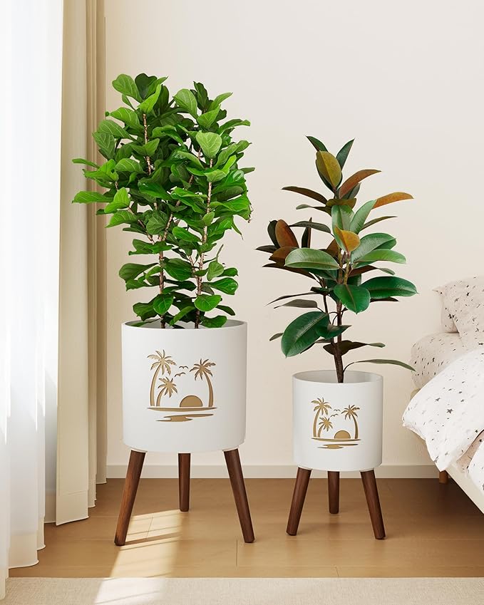 2 Set Plant Pot with Stand 10 & 12 inches – Large Indoor Pots for Plants with Solid Oak Wood Stand & Drainage, Palm，White ＆ Gold