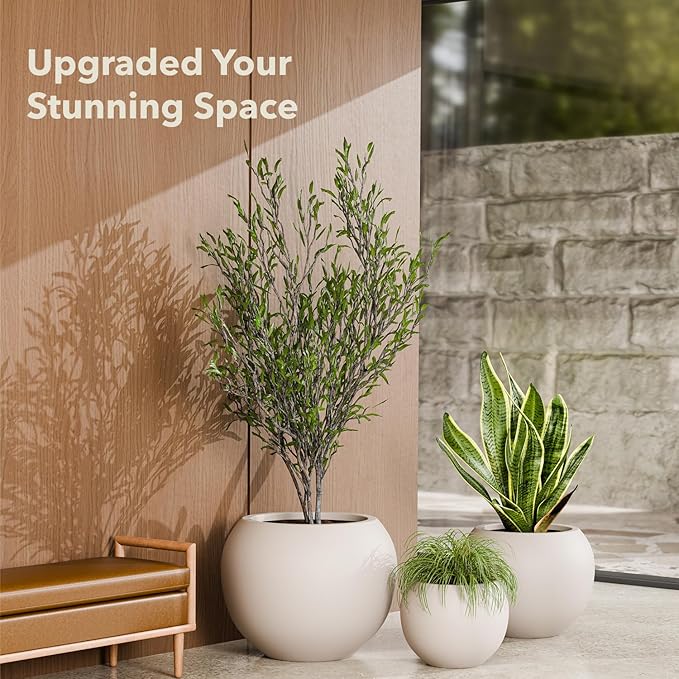 KUTE NEST 9.7" H x 12" D Premium Globo Fiberstone Round Planter with Drainage Hole, Smooth Finishes, Weather Resistant for Indoor and Outdoor Use, Included 2 Extra Coco Mats (Taupe, 7.8" Pot Opening)