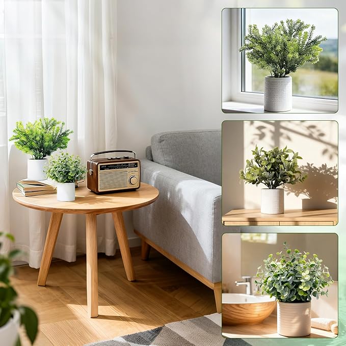FGSAEOR Mini Potted Fake Plants, Small Artificial Greenery Plants Topiaries, Low Maintenance, Shelf Desk Room Table Office Home Decor (3-Pack) (White Pot - Grey)