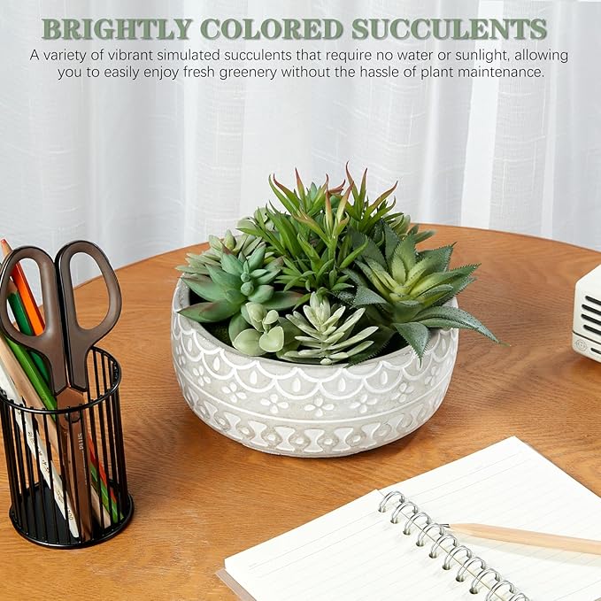 6inch Artificial Succulent Plants in Pots,Fake Succulents with Grey Textured Ceramic Pot for Home Office Desk Bathroom Coffee Table Decor