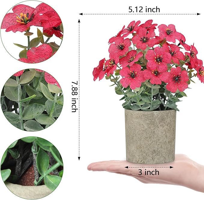 2 Pack Small Fake Plants Potted Artificial Plants Artificial Flowers Potted Faux Flower Daisy with Eucalyptus Leaves for Home Decor Office Room Farmhouse Indoor Table Bathroom Decor（Magenta）