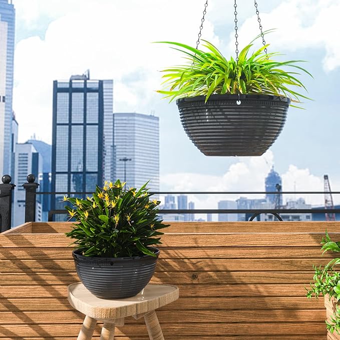 Vanslogreen 2 Pack Hanging Planters for Indoor Outdoor Plants, 10 Inch Hanging Planter with Drainage Hole & Plug Glazed Hanging Baskets Flower Pots for Garden Home (Black)