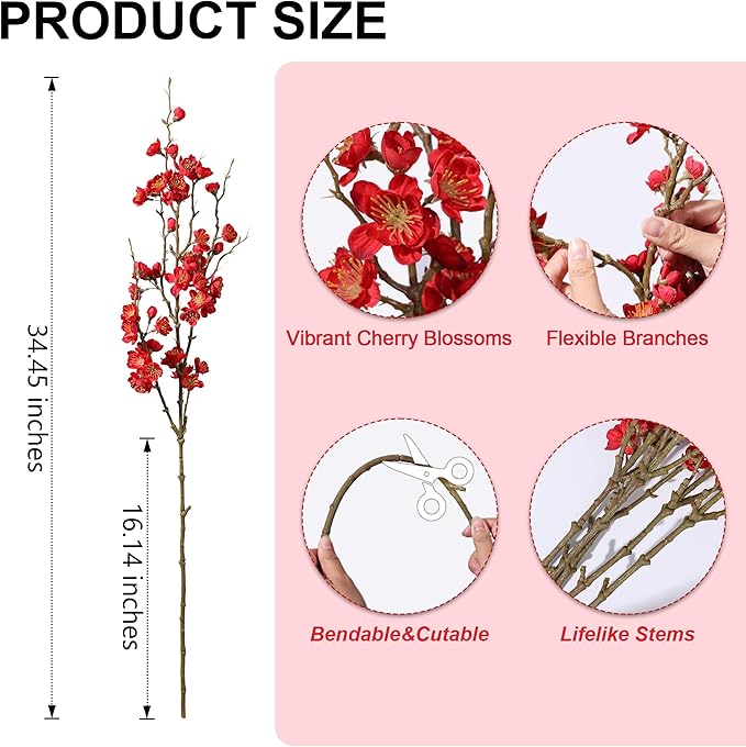 florisso 6 PCS Artificial Cherry Blossom Branches Spring Indoor Decoration, Faux Red Flowers 34.45" Long Stems Fake Plum Peach Plants Real Touch Silk for Wedding Home Bedroom Party Table Office