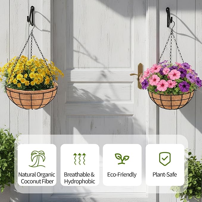 18 Inch Hanging Baskets for Plants Outdoor, 4 Pack Large Hanging Planters for Indoor Outdoor Plants, 4 Pack Round Wire Hanging Flower Pots with Coconut Coir Liners for Garden, Deck, Porch, Balcony
