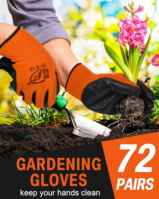 Potchen 72 Pairs Gardening Work Gloves Bulk for Men Women, Rubber Coated Garden Multipack Safety Construction Glove
