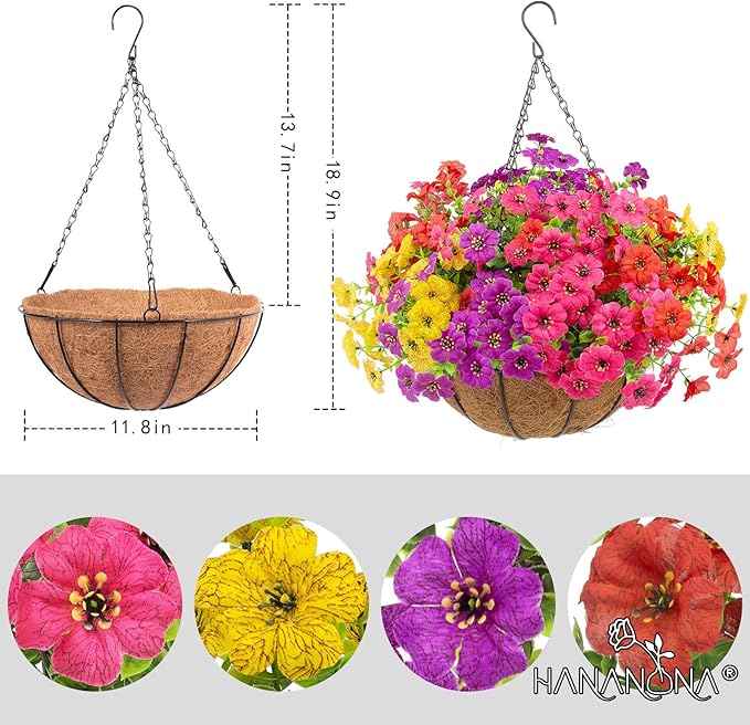 Hananona 2 Set Artificial Outdoor Flowers with Hanging Basket, 2 Hanging Planters with 24 Pcs Flowers for Spring Summer Front Porch Garden Patio Home Decor (2, Red, Purple, Yellow, Rose Red)