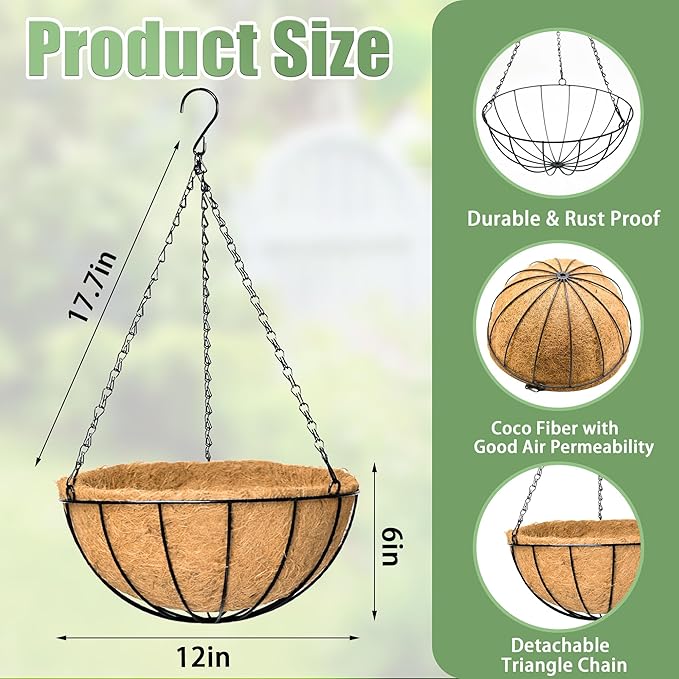 4 Pack 12 Inch Hanging Baskets for Plants Outdoor Metal Hanging Planters Round Hanging Flower Pots with Coco Coir Liner Plant Holder for Outdoor Patio Garden Balcony Decor - Watermelon