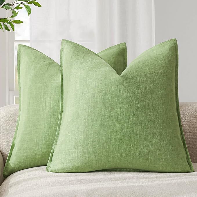 Foindtower Pack of 2, Decorative Linen Soild Throw Pillow Covers Soft Accent Euro Cushion Case Boho Farmhouse Pillowcase for Chair Couch Sofa Bedroom Living Room Home Decor 20 x 20 Inch Lime Green